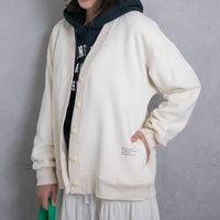 meme rirerire/ V-neck voluminous sleeve fleece-lined sweatshirt cardigan 
