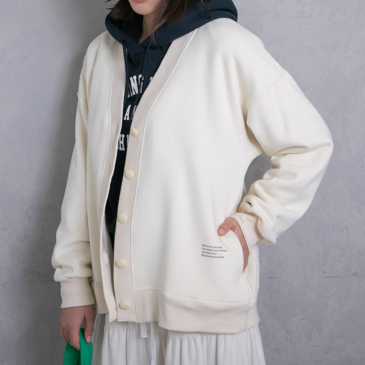 meme rirerire/ V-neck voluminous sleeve fleece-lined sweatshirt cardigan 