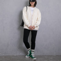 meme rirerire/ V-neck voluminous sleeve fleece-lined sweatshirt cardigan 
