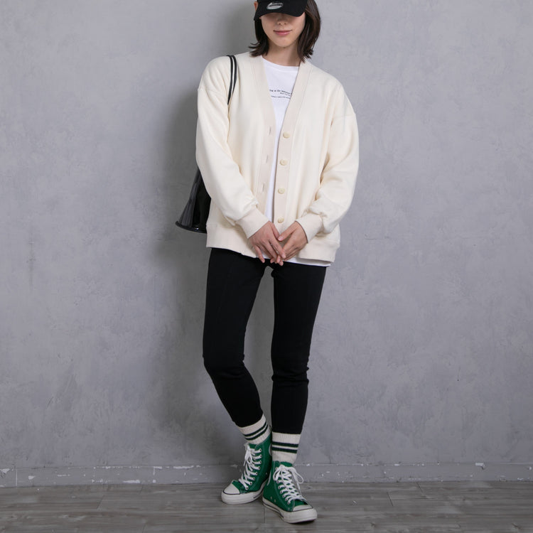 meme rirerire/ V-neck voluminous sleeve fleece-lined sweatshirt cardigan 