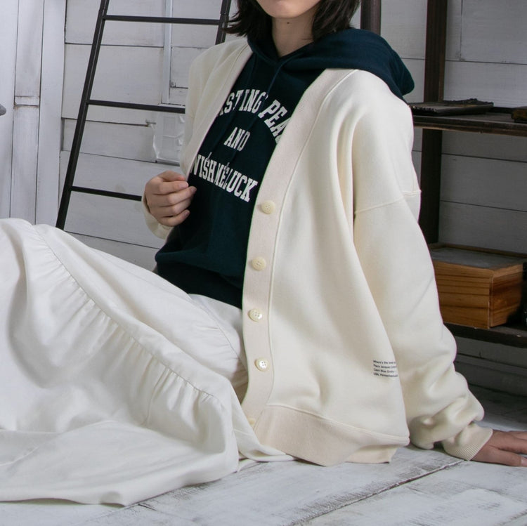 meme rirerire/ V-neck voluminous sleeve fleece-lined sweatshirt cardigan 