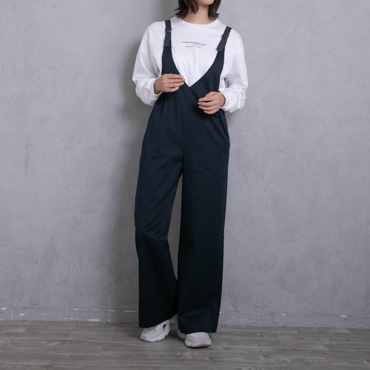 meme rirerire/Mソフトストレッチ Vネックワイドサロペットパンツ