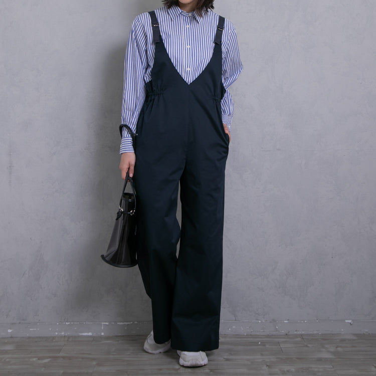 meme rirerire/Mソフトストレッチ Vネックワイドサロペットパンツ