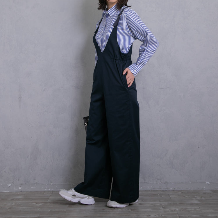 meme rirerire/Mソフトストレッチ Vネックワイドサロペットパンツ