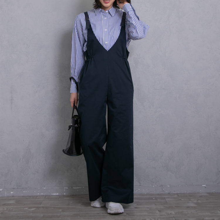 meme rirerire/Mソフトストレッチ Vネックワイドサロペットパンツ