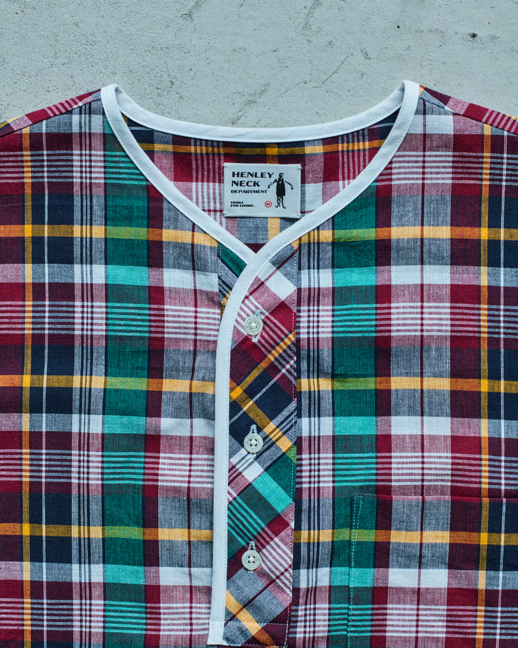 Henley Neck Department   Albert Henley Neck Shirt  Green MADRAS PLAID