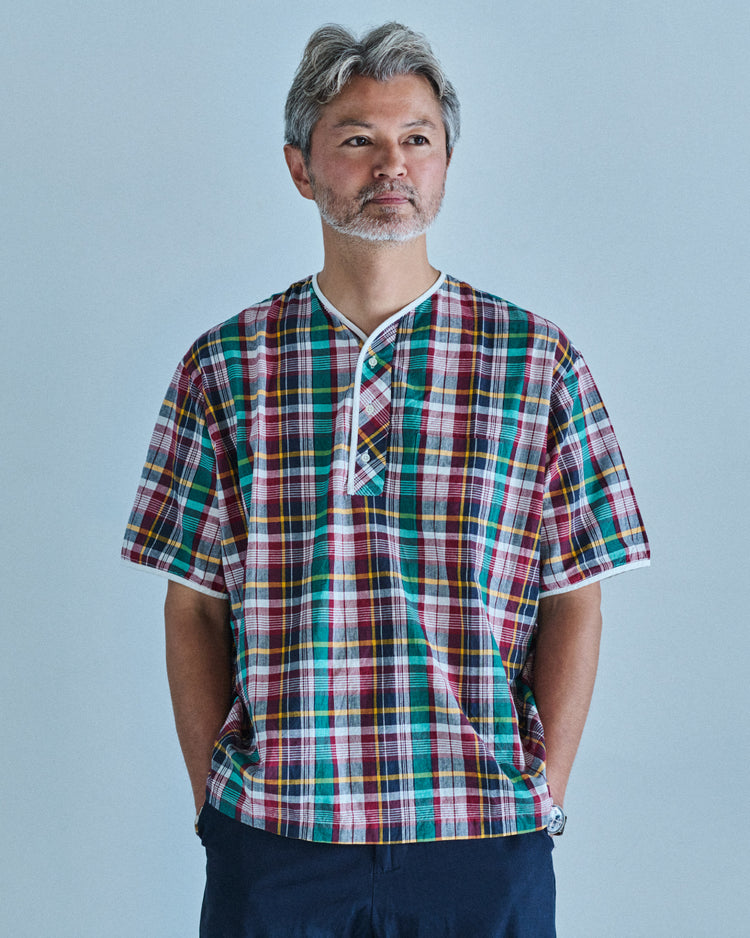 Henley Neck Department   Albert Henley Neck Shirt  Orange×Yellow MADRAS PLAID