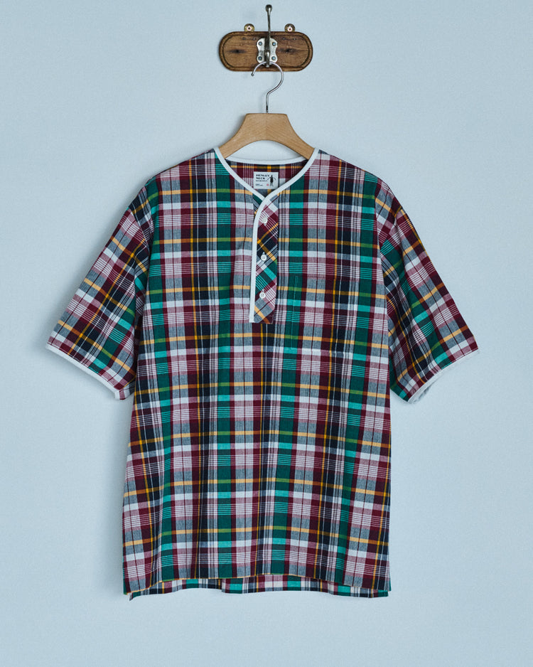 Henley Neck Department   Albert Henley Neck Shirt  Green MADRAS PLAID