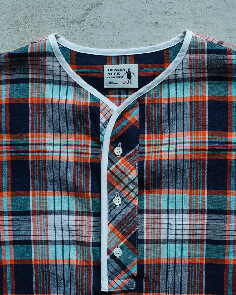 Henley Neck Department   Albert Henley Neck Shirt  Orange MADRAS PLAID