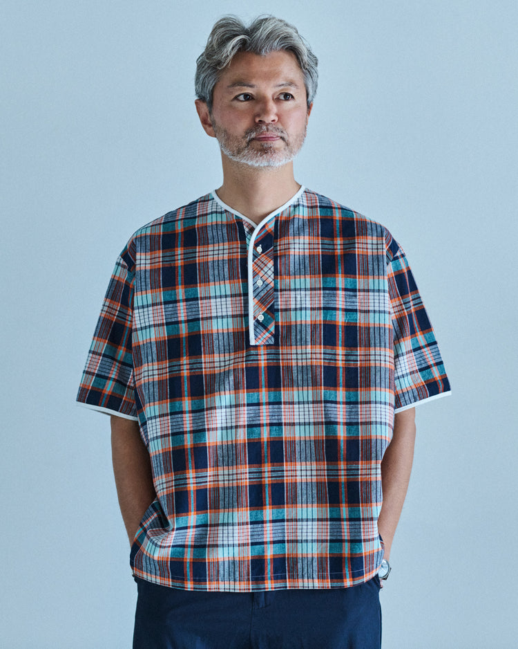 Henley Neck Department   Albert Henley Neck Shirt  Green MADRAS PLAID