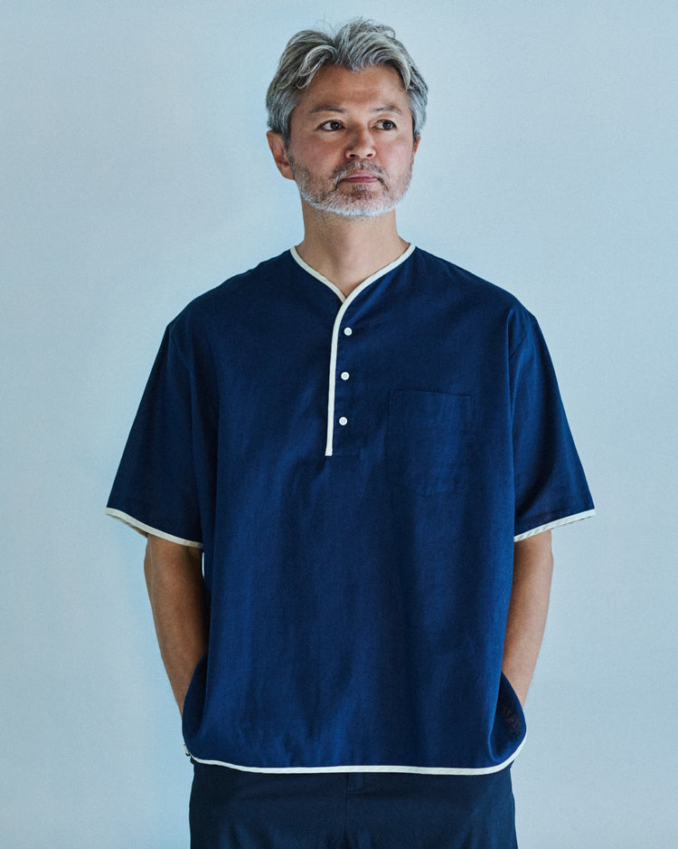 Henley Neck Series Allen Henley Neck Shirt Cotton x Linen Navy