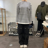 Yonetomi  / WAVE COTTON BASQUE KNIT P/O 〈BOAT NECK〉 90 WHITE×NAVY