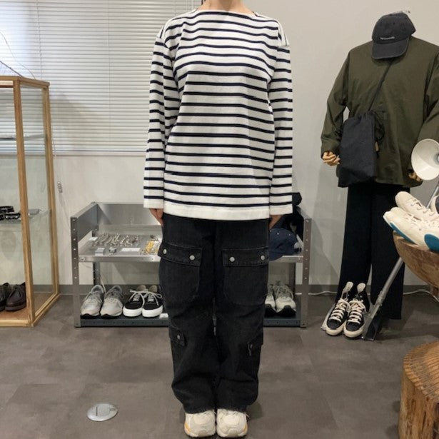 Yonetomi  / WAVE COTTON BASQUE KNIT P/O 〈BOAT NECK〉 90 WHITE×NAVY