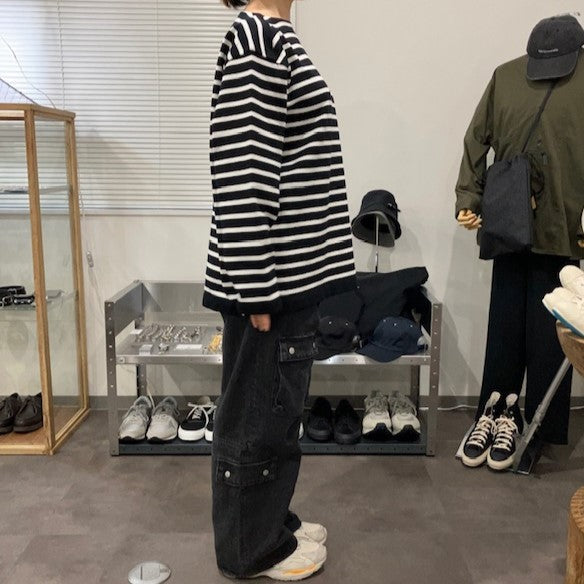 Yonetomi  / WAVE COTTON BASQUE KNIT P/O 〈BOAT NECK〉94 BLACK×WHITE