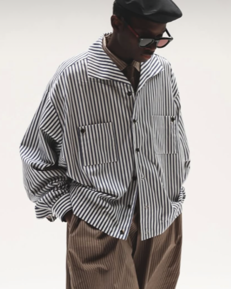 Sillage / big pocket overshirt dead stock brown random stripe 