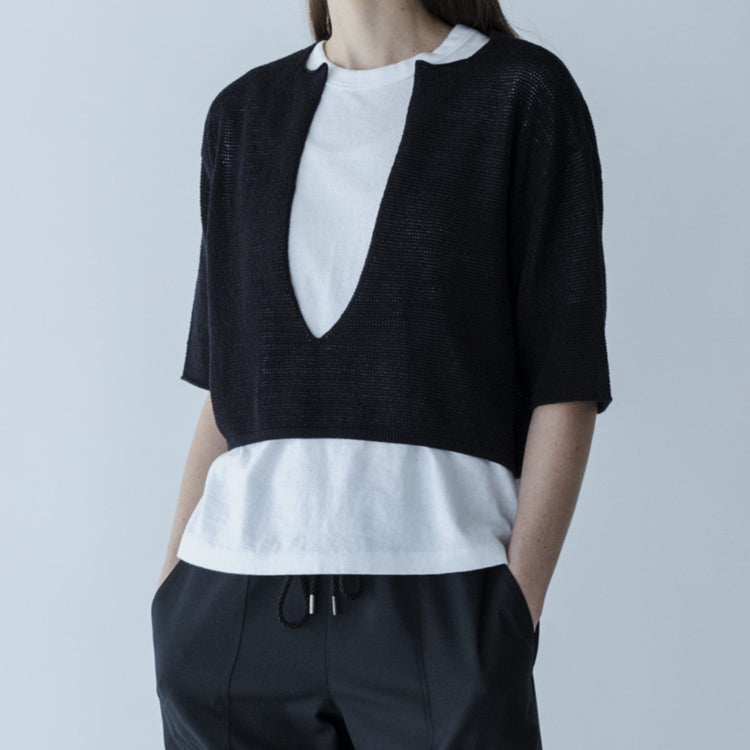 MEYAME / LONG SLIT HALF-SLEEVE KNIT BLACK