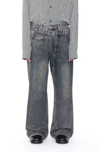 CODA GREY ACID WASH DUAL EXPOSURE BREAK CUT FLARED JEANS