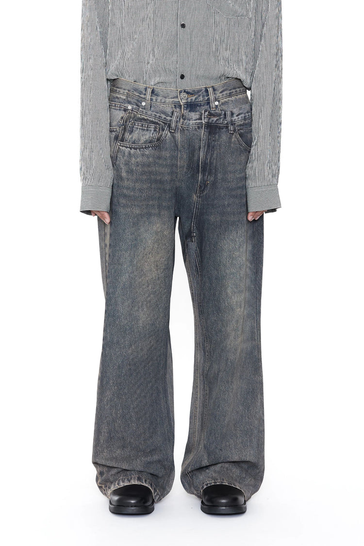CODA GREY ACID WASH DUAL EXPOSURE BREAK CUT FLARED JEANS