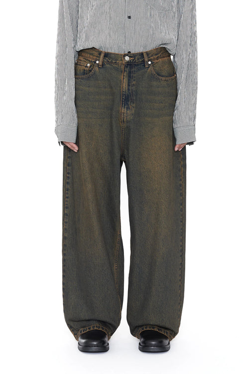 CODA BLACK BROWN WASHED DISTRESSED EXTENDED CUT LUFT JEANS