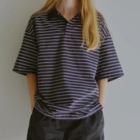 Riprap / POLO SHAPED SH S/S(POPLIN/TYPEWRITER BORDER) NAVY*WHITE