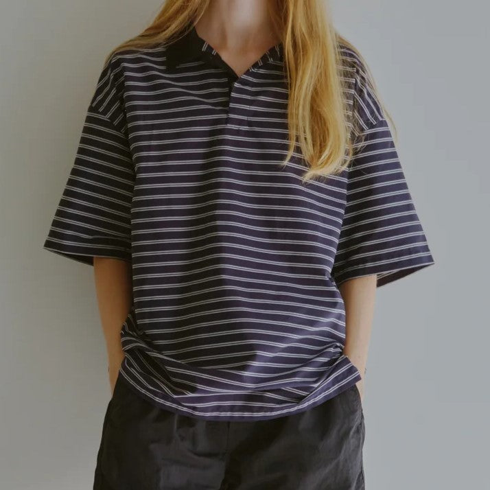 Riprap / POLO SHAPED SH S/S(POPLIN/TYPEWRITER BORDER) NAVY*WHITE