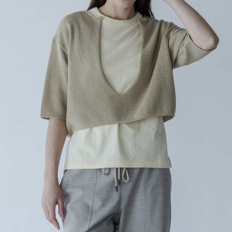 MEYAME / LONG SLIT HALF-SLEEVE KNIT BEIGE