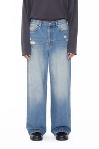 CODA INDIGO WASHED DISTRESSED BREAK CUT WIDE STRAIGHT JEANS