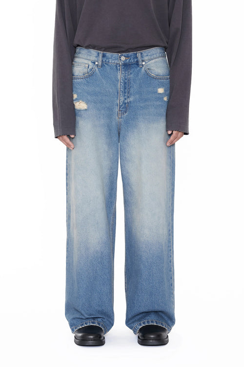 CODA INDIGO WASHED DISTRESSED BREAK CUT WIDE STRAIGHT JEANS