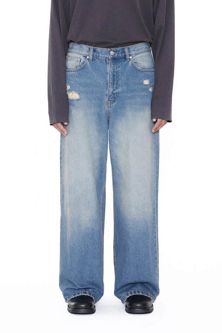CODA INDIGO WASHED DISTRESSED BREAK CUT WIDE STRAIGHT JEANS