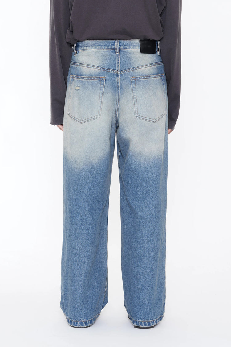 CODA INDIGO WASHED DISTRESSED BREAK CUT WIDE STRAIGHT JEANS