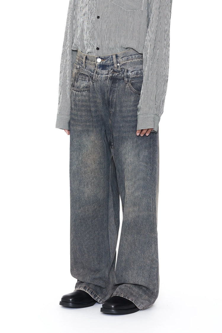 CODA GREY ACID WASH DUAL EXPOSURE BREAK CUT FLARED JEANS