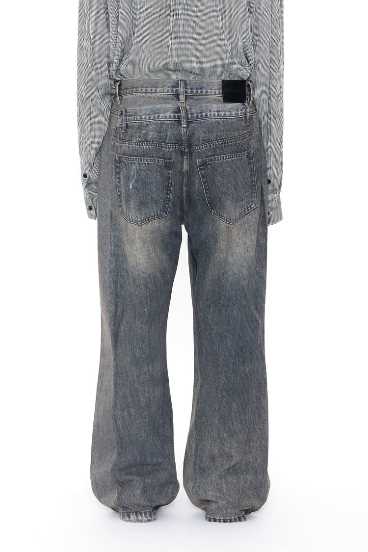 CODA GREY ACID WASH DUAL EXPOSURE BREAK CUT FLARED JEANS