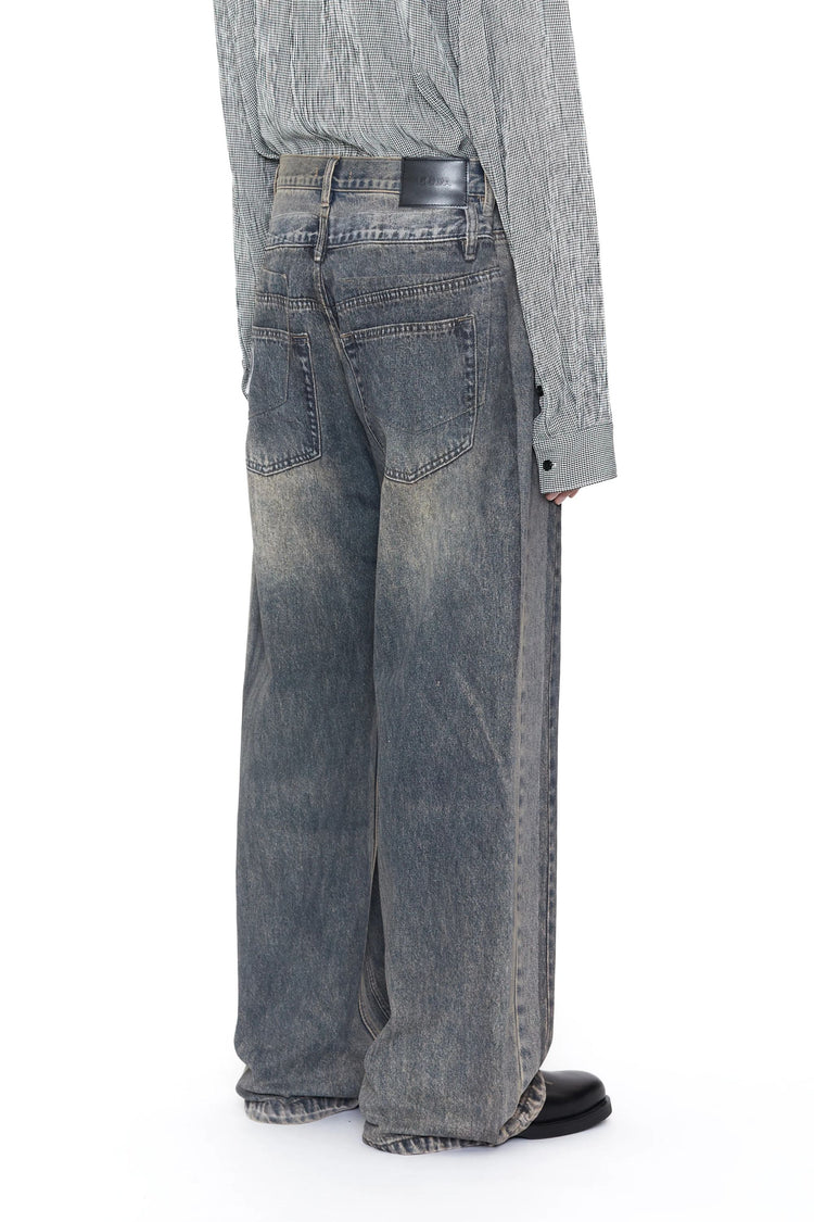 CODA GREY ACID WASH DUAL EXPOSURE BREAK CUT FLARED JEANS