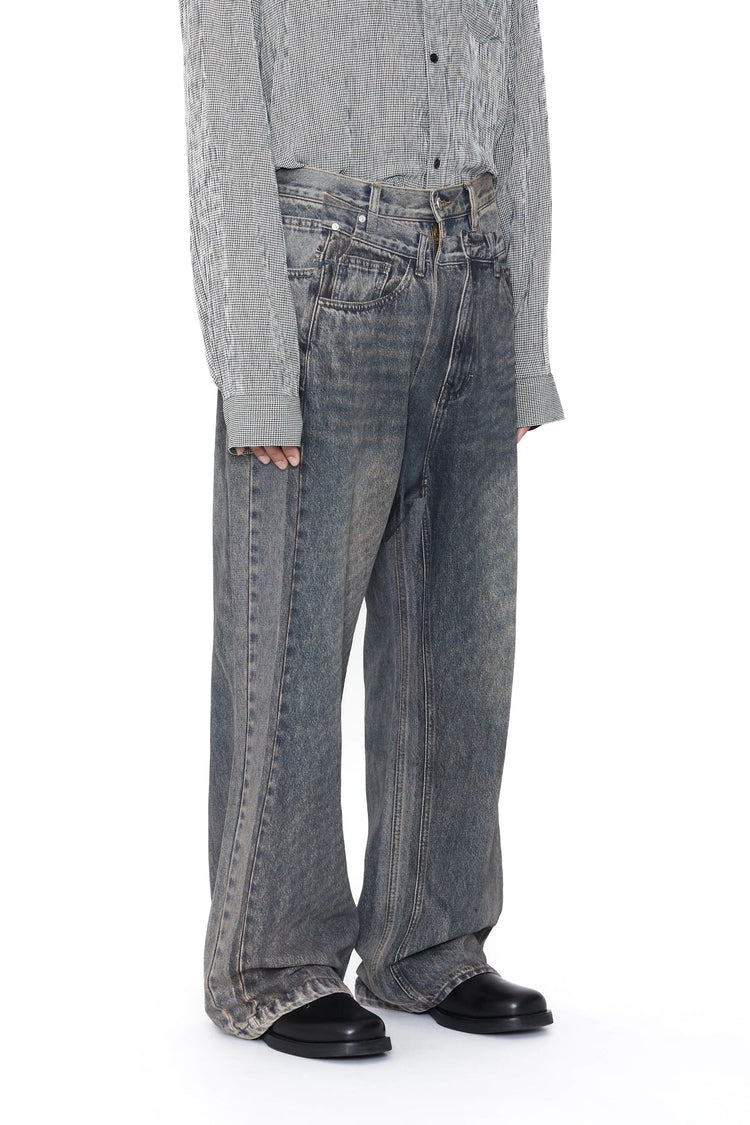 CODA GREY ACID WASH DUAL EXPOSURE BREAK CUT FLARED JEANS