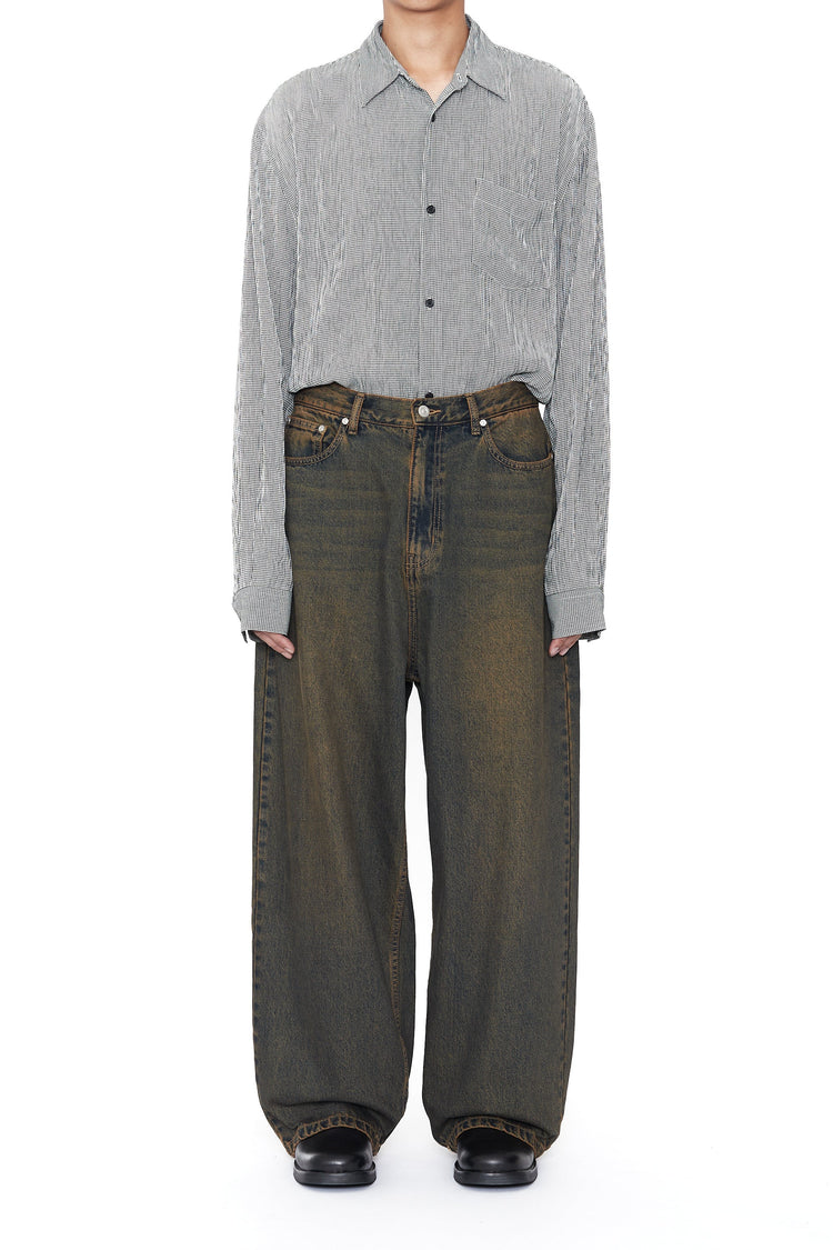CODA BLACK BROWN WASHED DISTRESSED EXTENDED CUT LUFT JEANS