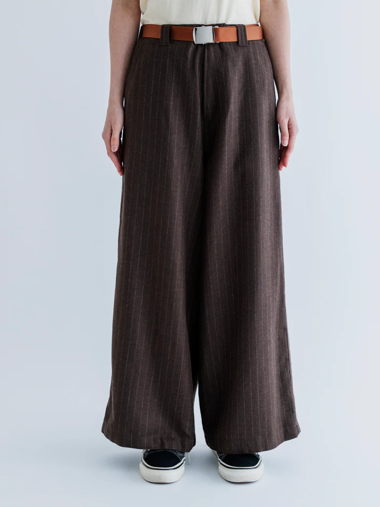 MEYAME MERINO WOOL STRIPE SIDE LINE WIDE PANTS BROWN