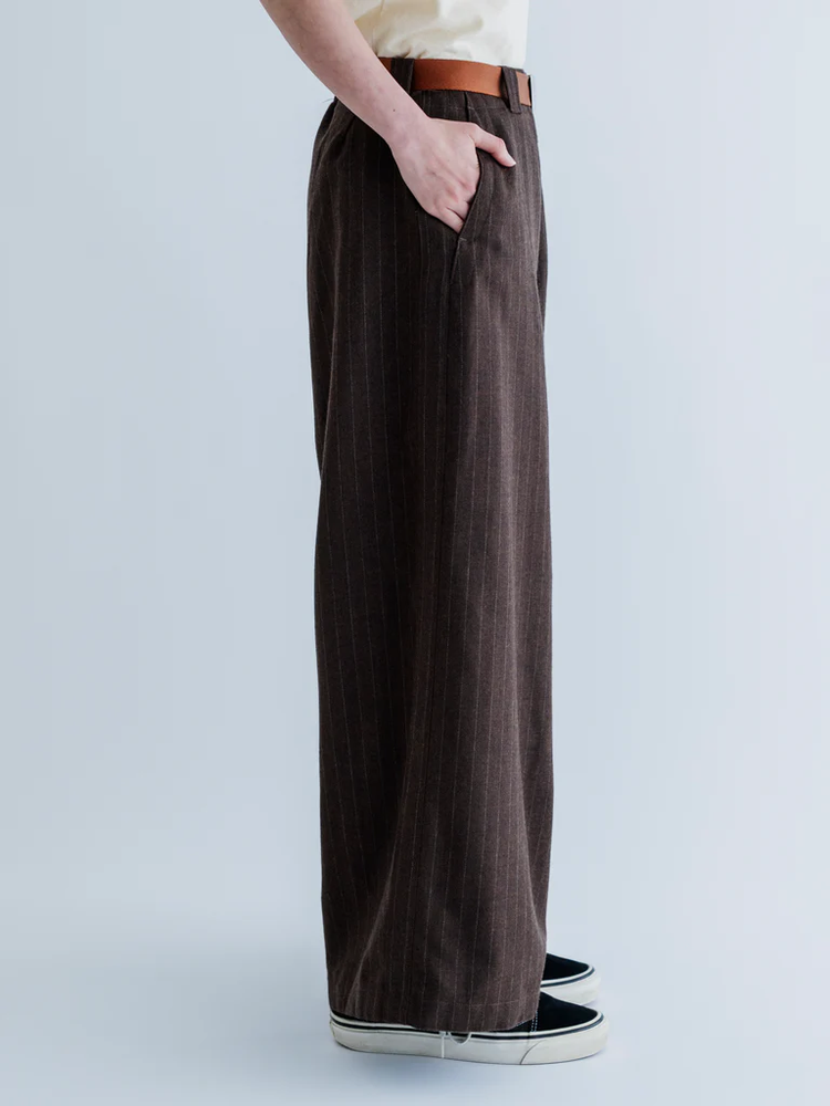 MEYAME MERINO WOOL STRIPE SIDE LINE WIDE PANTS BROWN