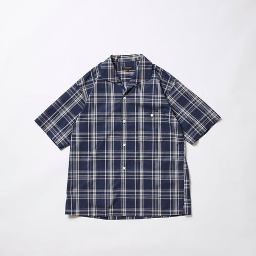 A VONTADE Italian Open Collar Shirts SS -Check Broad Cloth-VTD-0398-SH NAVY