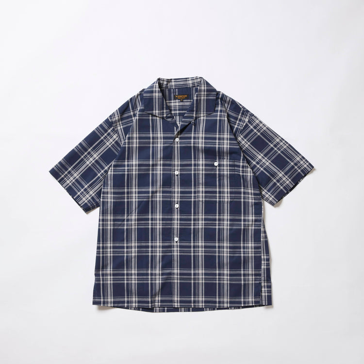 A VONTADE   Italian Open Collar Shirts SS -Check Broad Cloth-VTD-0398-SH NAVY