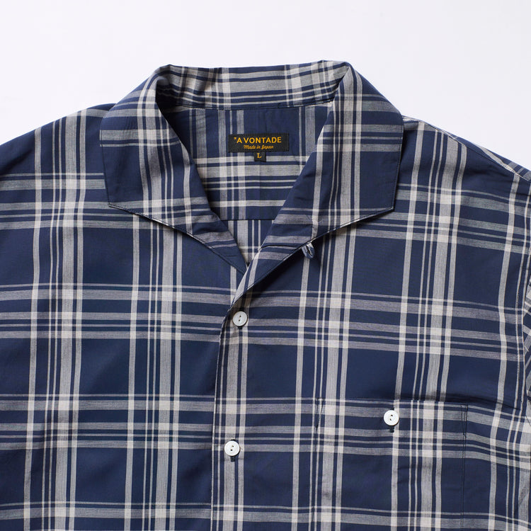 A VONTADE   Italian Open Collar Shirts SS -Check Broad Cloth-VTD-0398-SH NAVY