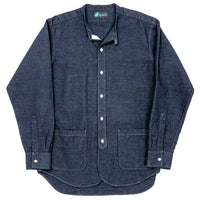 WORKERS  Band Collar Shirt, Indigo Cotton Linen