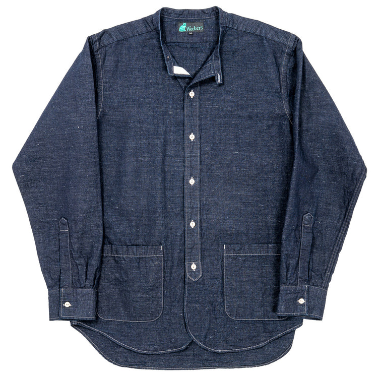 WORKERS  Band Collar Shirt, Indigo Cotton Linen
