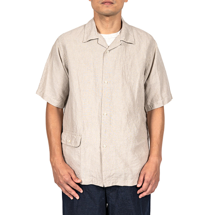WORKERS  Open Collar Shirt, Ecru Linen