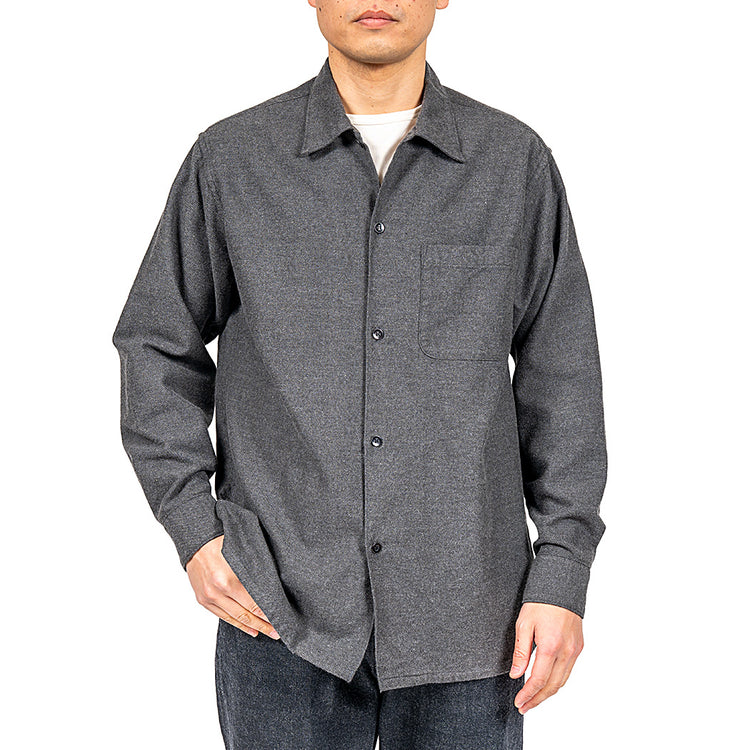 WORKERS  Open Collar Shirt, Cotton Wool Flannel, Grey