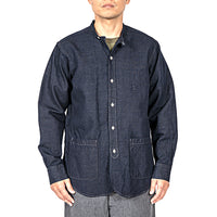 WORKERS  Band Collar Shirt, Indigo Cotton Linen