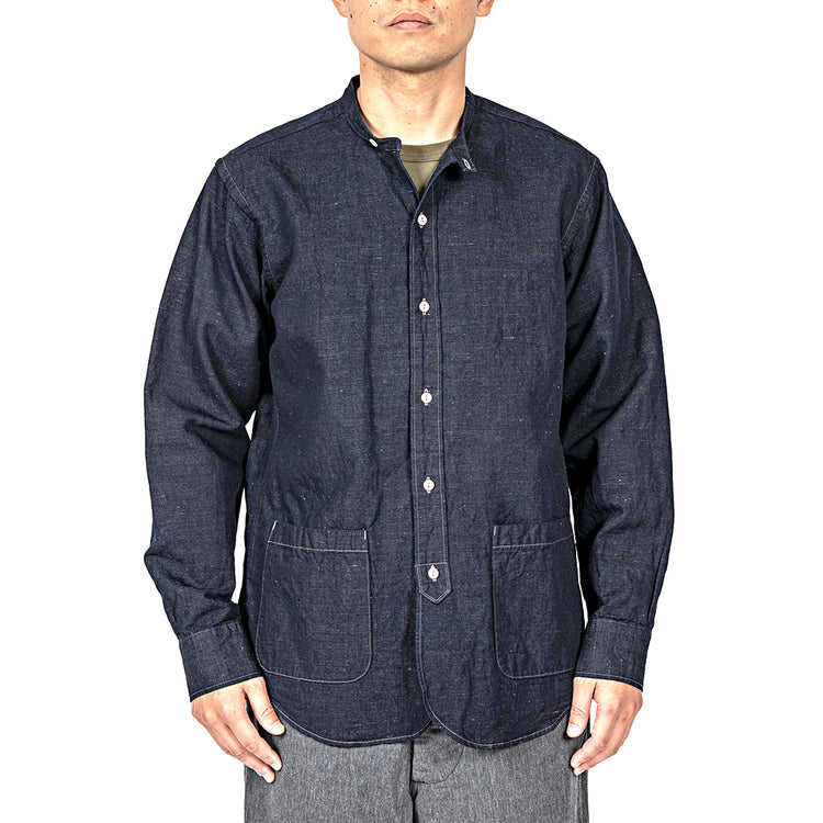 WORKERS  Band Collar Shirt, Indigo Cotton Linen