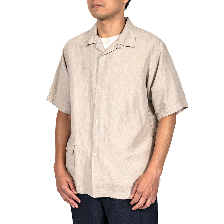 WORKERS  Open Collar Shirt, Ecru Linen