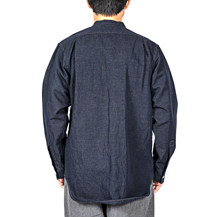 WORKERS  Band Collar Shirt, Indigo Cotton Linen