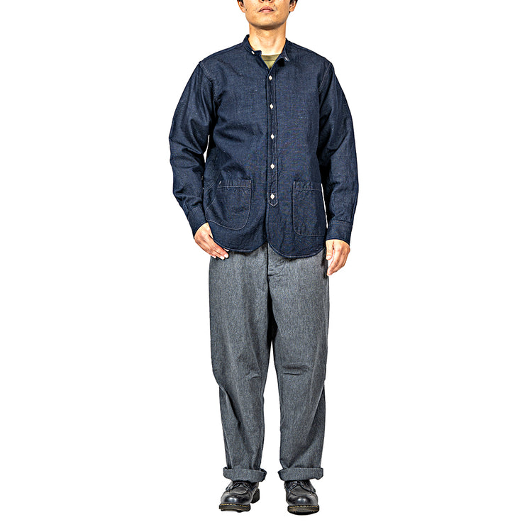 WORKERS  Band Collar Shirt, Indigo Cotton Linen