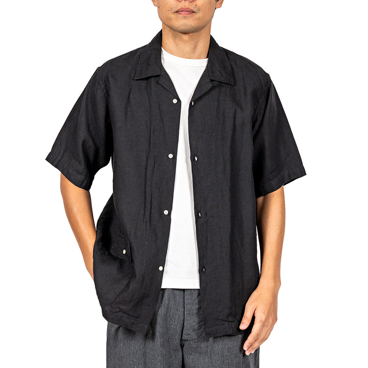 WORKERS Open Collar Shirt, Black Linen